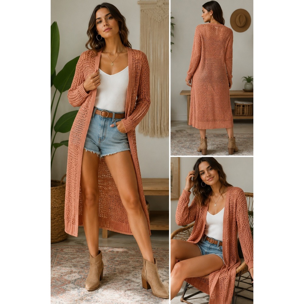Universal Thread Duster Cardigan S Salmon Pink Open Knit Cotton Boho Longline